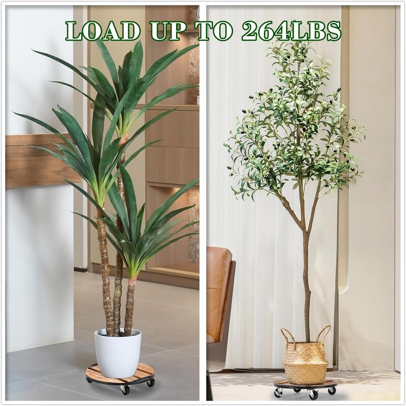 PRAQECZ 2 Pack Plant Stand with Wheels, 14" Rolling Plant Caddy 264 LB Heavy Duty, Iron and Wood Round Plant Dolly with Metal 360° Lockable Caster Wheels for Outdoor Indoor Large Plant Pots, Flower Pot, Patio - Image 2